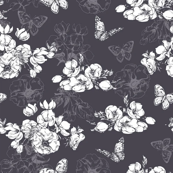 无缝隙的图案 开着盛开的苹果花朵和白色背景的蝴蝶 手绘风格 — 图库矢量图片