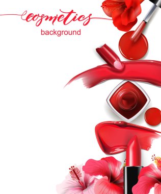 Kozmetik ürünleri, kırmızı ruj ve beyaz arka planda kırmızı oje lekeleri. Metnin için yer var. Şablon Vektörü.