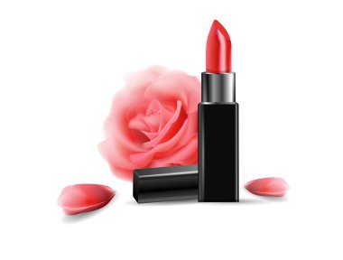 Güzel bir gülün arka planında kırmızı ruj. Güzellik ve kozmetik geçmişi. Reklam ilanı, afiş, broşür için kullanın. Şablon Vektörü