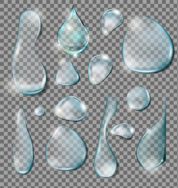 Şeffaf Saf Temiz Su Damlaları Gerçekçi Seti. Tasarımına hazırım. Görüntü izole edildi.