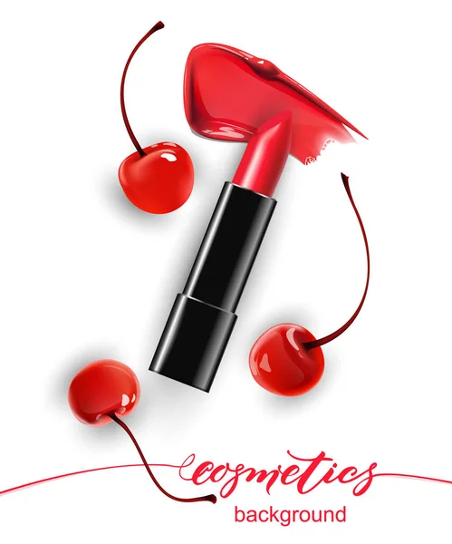 红色口红 口红和红色樱桃 从上至下的观点 美与化妆品的背景 用于广告传单 模板向量 — 图库矢量图片