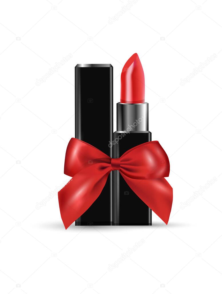 Red lipstick with a red gift bow. Beauty and cosmetics background. Use for advertising flyer, banner, leaflet. Template Vector