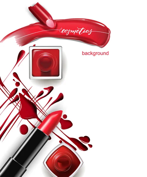 Cosméticos Fondo Moda Con Lápiz Labial Rojo Una Mancha Lápiz — Vector de stock