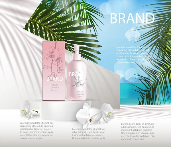 Background for cosmetic product branding, identity and packaging inspiration.Cosmetic lotion and box against the background of palm leaves and the sea. Vector template.