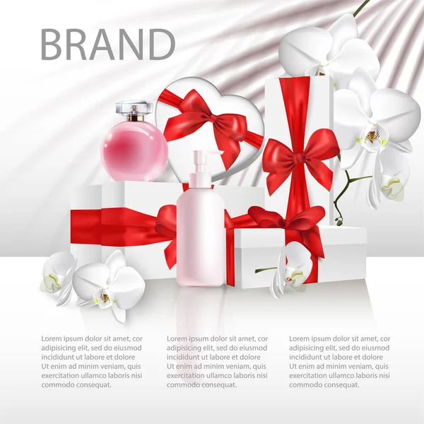 Achtergrond Voor Cosmetische Product Branding Identiteit Verpakking Inspiratie Witte Geschenkdozen — Stockvector