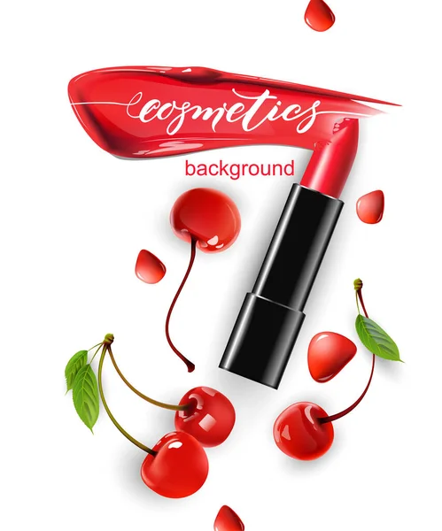 红色口红 口红和红色樱桃 从上至下的观点 美与化妆品的背景 用于广告传单 模板向量 — 图库矢量图片
