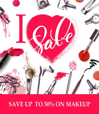 Kozmetik ürünlerinin reklam satışları konsepti. Güzellik ve kozmetik geçmişi. Reklam ilanı, afiş, broşür için kullanın. Şablon Vektörü