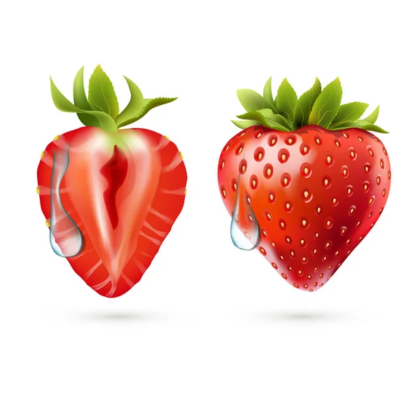 Fraise Entière Demi Fraise Tranchée Baies Mûres Rouges Fraîches Moelleuses — Image vectorielle