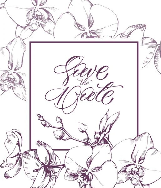 Mentse Dátumkártyát Sablon Évforduló Esküvő Orchidea Virágok Használható Kozmetikumokhoz Szépségszalonokhoz — Stock Vector