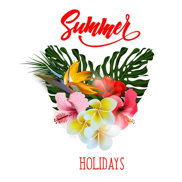 熱帯の花や葉の花の中心 エキゾチックなヤシの葉 ハイビスカスの花や手書きのバナーやチラシの夏の熱帯ベクトルデザイン — ストックベクタ