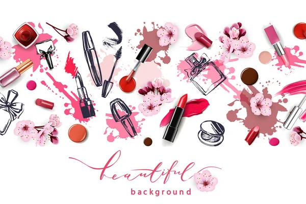 Spring Sale Cherry Blossom Cosmetic Template Realistic Detailed Mockup Beauty — Stock Vector