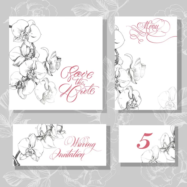 Cartão Convite Casamento Vetorial Definido Com Flores Orquídea Salve Projeto —  Vetores de Stock