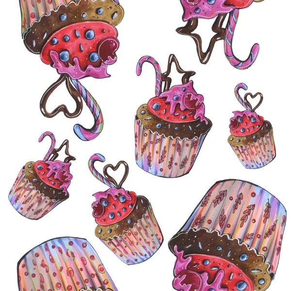 Μοτίβο Cupcake Cherry Ροζ Εικονογράφηση — Φωτογραφία Αρχείου