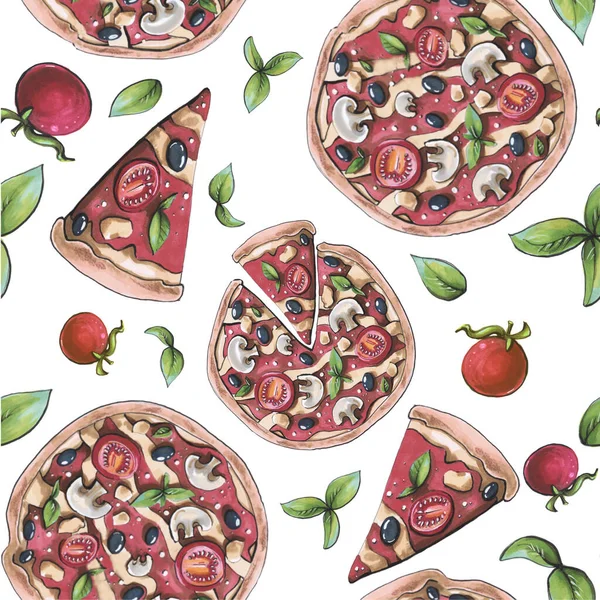 Pattern Pizza Tomato Basil Olives Slice Illustration. Good for social content wallpapers menu brand logo