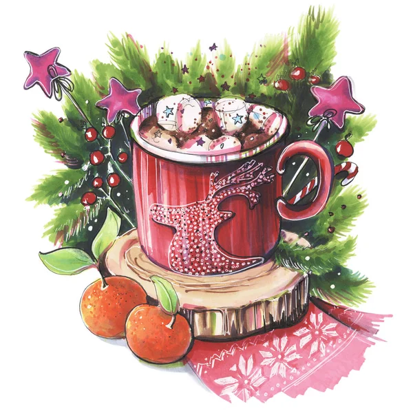 Nieuwjaar Postkaart Marshmallows Cacao Mandarijn Boom Groene Sterren Hout Illustratie — Stockfoto