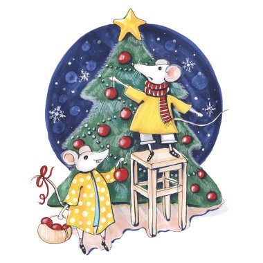 Yılbaşı Noel kartpostalı faresi. Mays yeşil ağaç aile tatili geleneksel