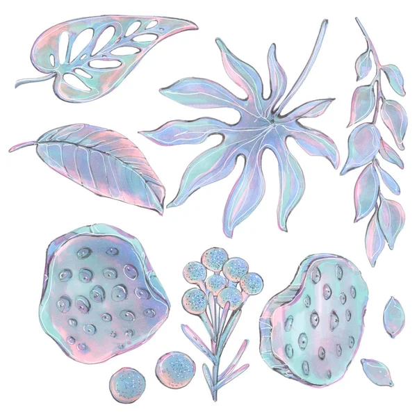 Foglie Pianta Tropicale Blu Rosa Illustrazione — Foto Stock