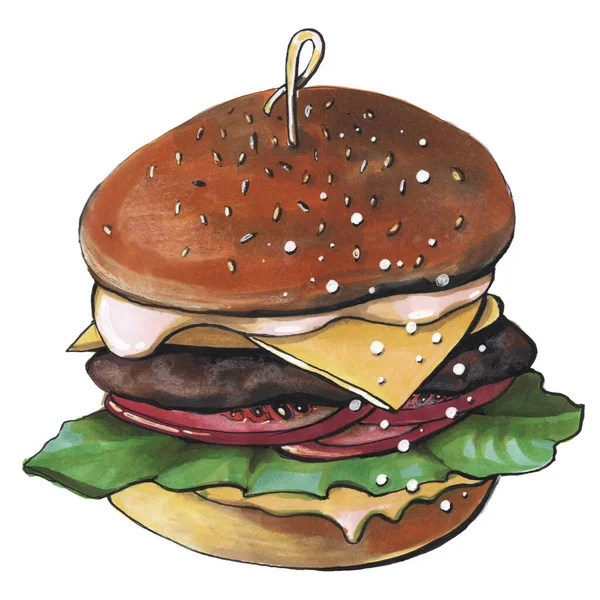 food fast food delivery burger sandwich tomato salad meat illustration sketch markers