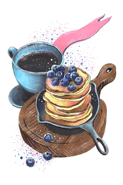 Ansichtkaart Voedsel Ontbijt Menu Pannenkoeken Met Bessen Koffie Illustratie Schets — Stockfoto