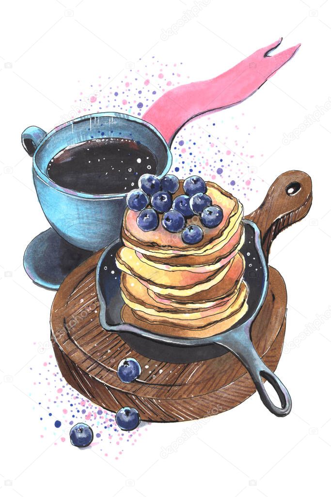 postcard food breakfast menu pancakes with berries and coffee illustration sketch markers
