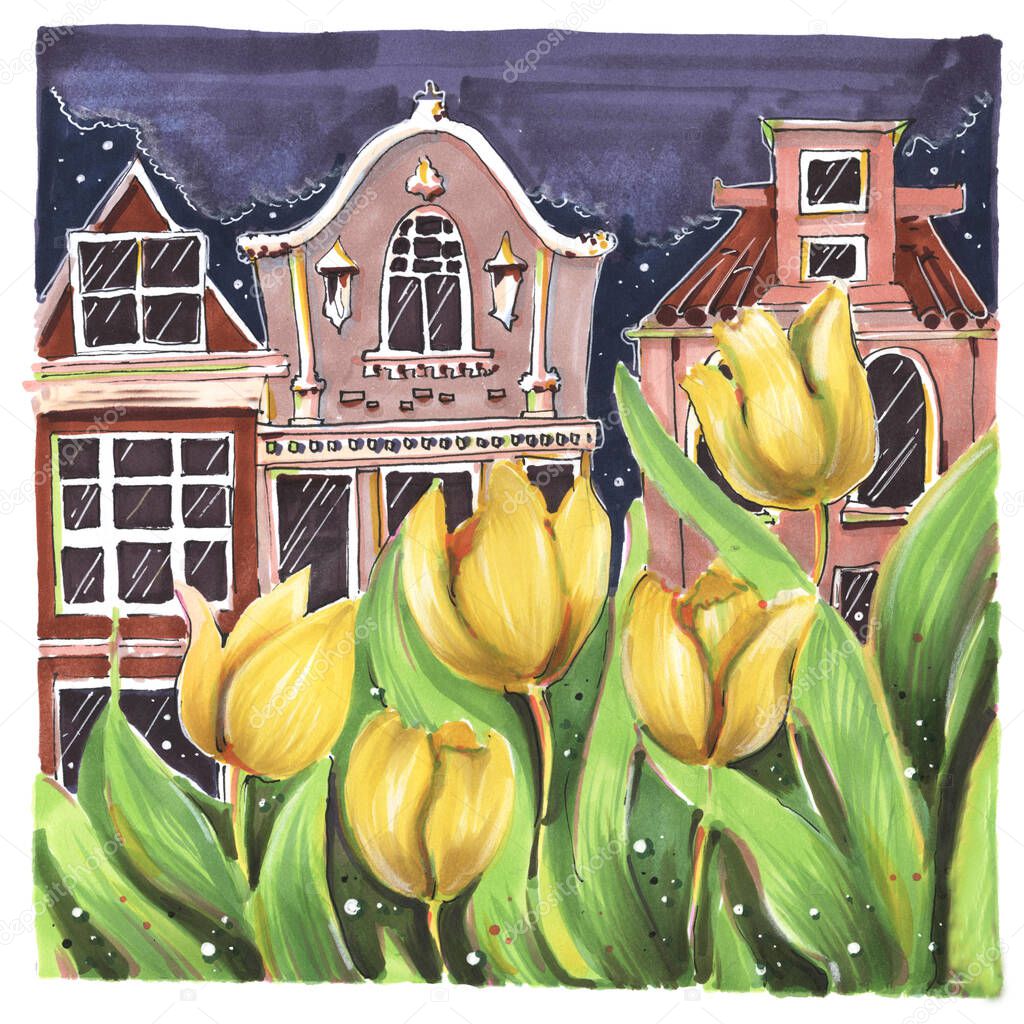 postcard travel landscape houses amsterdam europe tulips illustration markers
