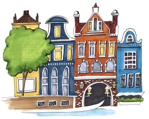 Ręka Rysunek Dzieci Styl Kreskówka Podróże Geografia Szkoła Amsterdam Domy — Zdjęcie stockowe