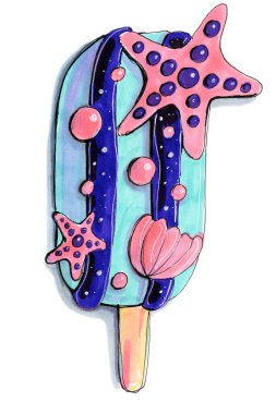 El çizimi yemek tatlısı dondurma mavi seyahat eden deniz yıldızı incileri çizim karikatürü