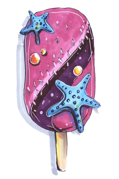 Παγωτό Παιδιά Διασκέδαση Τρόφιμα Γλυκά Τυρκουάζ Μωβ Θάλασσα Ταξίδια Χέρι — Φωτογραφία Αρχείου