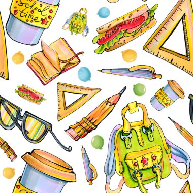 Parlak desenli okul malzemelerini el çizimi çizim işaretlerini ayarla