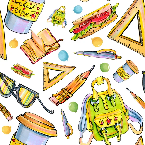 Parlak desenli okul malzemelerini el çizimi çizim işaretlerini ayarla