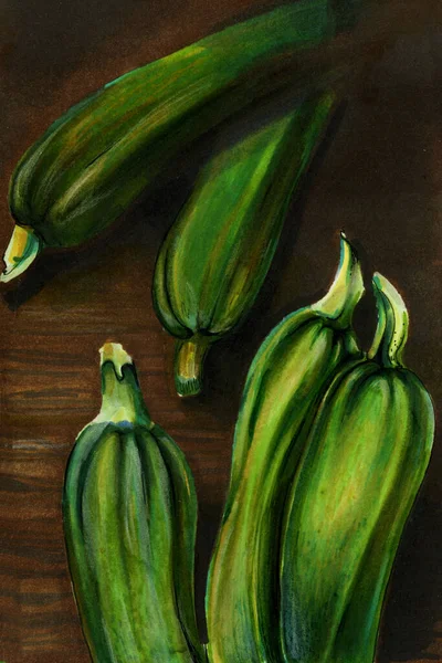 Handritning Höst Skörd Grönsaker Grön Zucchini Ett Träbord Illustration Med — Stockfoto