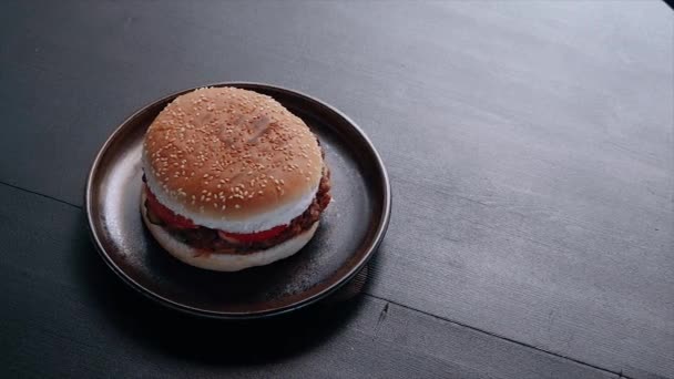 Video gröda med en aptitretande hamburgare beredd enligt ett särskilt recept i Moldavien. — Stockvideo