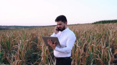Genç işadamı bir dizüstü bilgisayarın sulama planını analiz ediyor ve daha fazla yön için telefonda konuşuyor..
