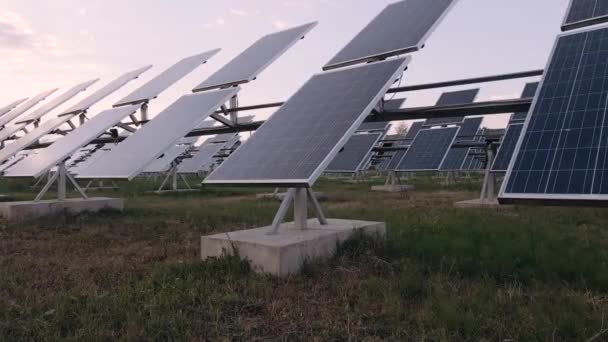 Centrale solaire à Green Field le jour ensoleillé. Vue aérienne. Panneaux solaires se tient dans une rangée dans le domaine de la production d'énergie — Video