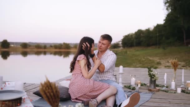 Close-up of two young people in love looking into each others eyes with happiness. — Stock Video