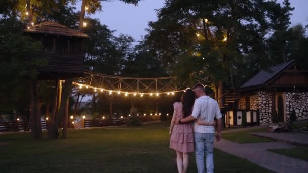 Quadro traseiro com dois jovens românticos caminhando abraçando. Casal feliz andando em um beco do parque iluminado. — Vídeo de Stock