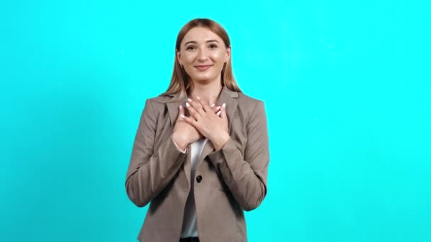 Generous, open-hearted adult woman in business suit, offering everything she has — Stock Video