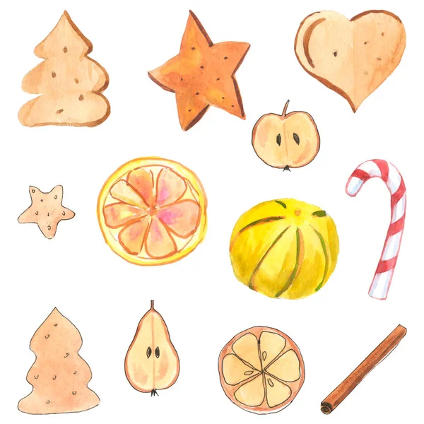 Set of watercolor drawings of Christmas sweets on a white background