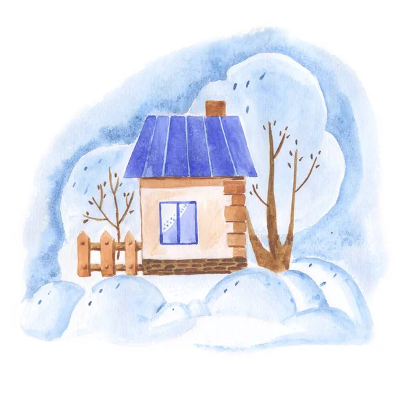 Watercolor drawing of a small rural house on the background of winter nature