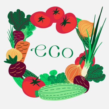 Ekolojik domateslerin, salatalıkların, salataların ve diğer sebzelerin izole vektör tasarımı.