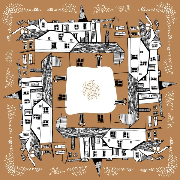 Illustrazione quadrata vettoriale del centro storico marrone con elementi in bianco e nero. — Vettoriale Stock