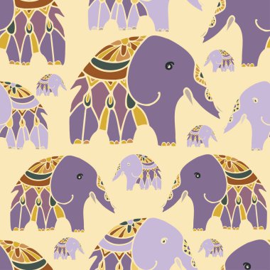 Sarı zemin üzerinde menekşe rengi fil olan kusursuz vektör tasarımı.