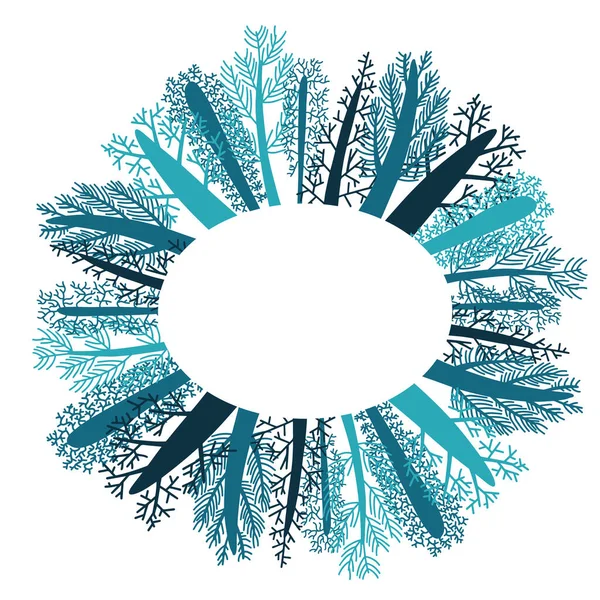 Vetor ornamental isolado floral vinheta de árvores azuis de inverno em círculo — Vetor de Stock