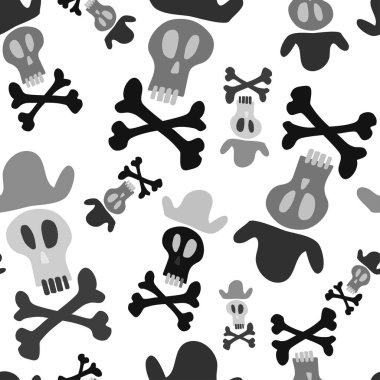 Kusursuz vektör gri kafatası deseni. Dişleri, kemikleri ve beyaz şapkaları var.