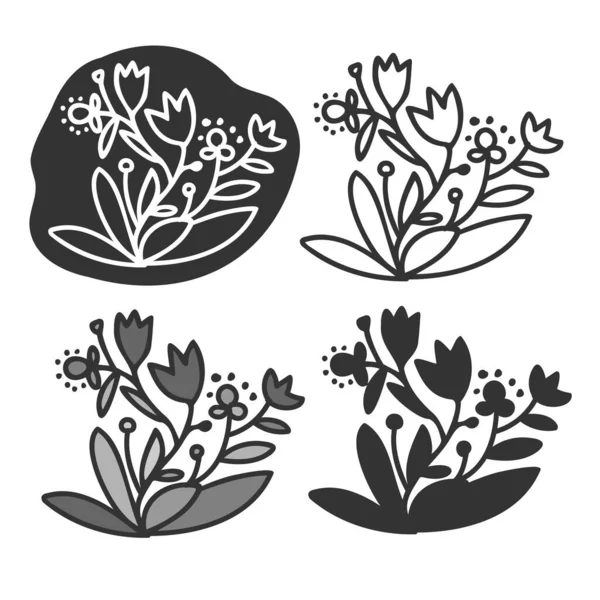 Conjunto de design vetorial isolado de silhuetas forrado flores abstratas decorativas em fundo branco — Vetor de Stock