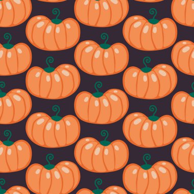 Dekoratif turuncu balkabaklarının kusursuz vektör deseni koyu arkaplanda