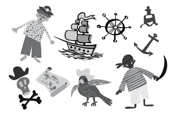 Изолированный векторный черно-белый дизайн набор пиратов, корабль, карта, попугай — стоковый вектор