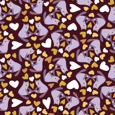 Vektör desensiz çizgi film dekoratif tasarımı. Kalpli kedilerin şirin tasarımı.