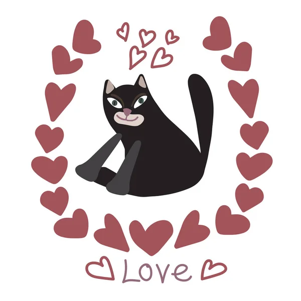 Isolated vector illustration card of cartoon black cat with hearts and love text — Stock Vector