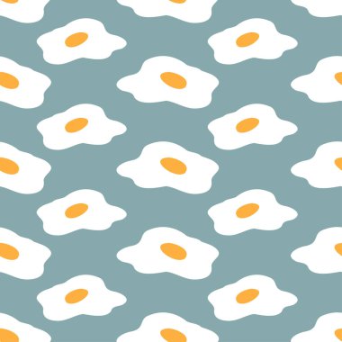 Mavi arkaplanda kızarmış yumurta siluetlerinin renksiz vektör deseni